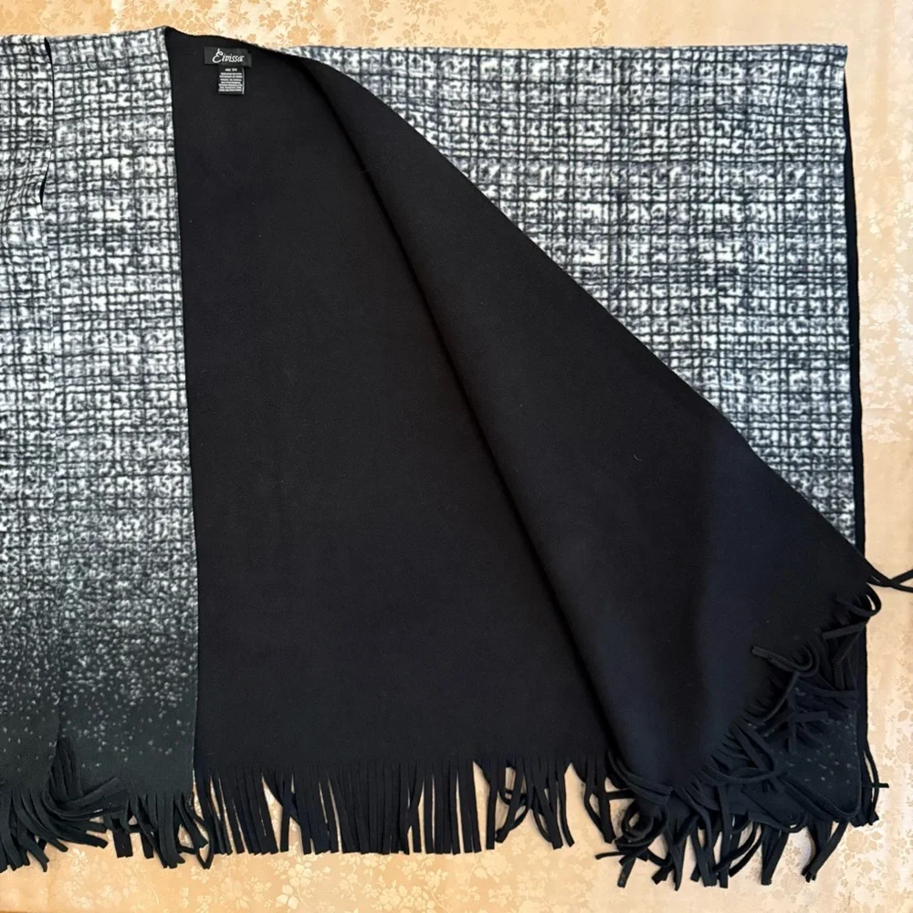 Black White Ombre Ruana Wrap Fringe Poncho Shawl Cardigan Cozy OS Layering Piece